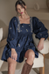Blue Floral Embroidered Puff Sleeve Ruffled Mini Dress
