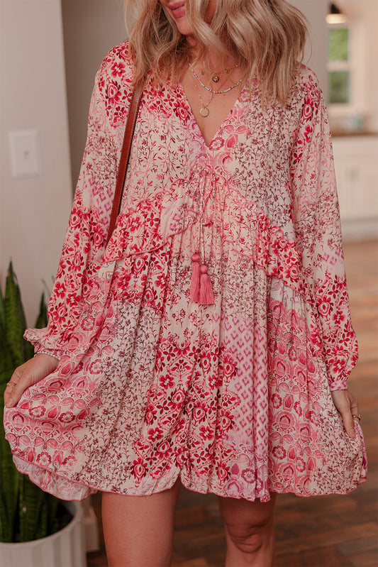 Pink Boho Floral Mini Dress