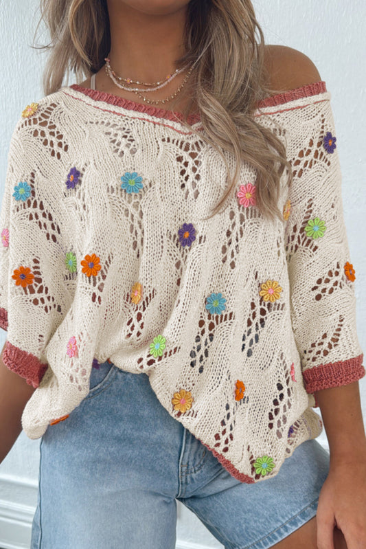Embroidered Flowers Colorblock Sweater