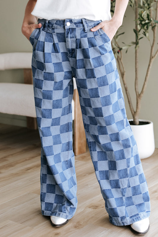 Blue Checkered Denim Wide Leg Jeans