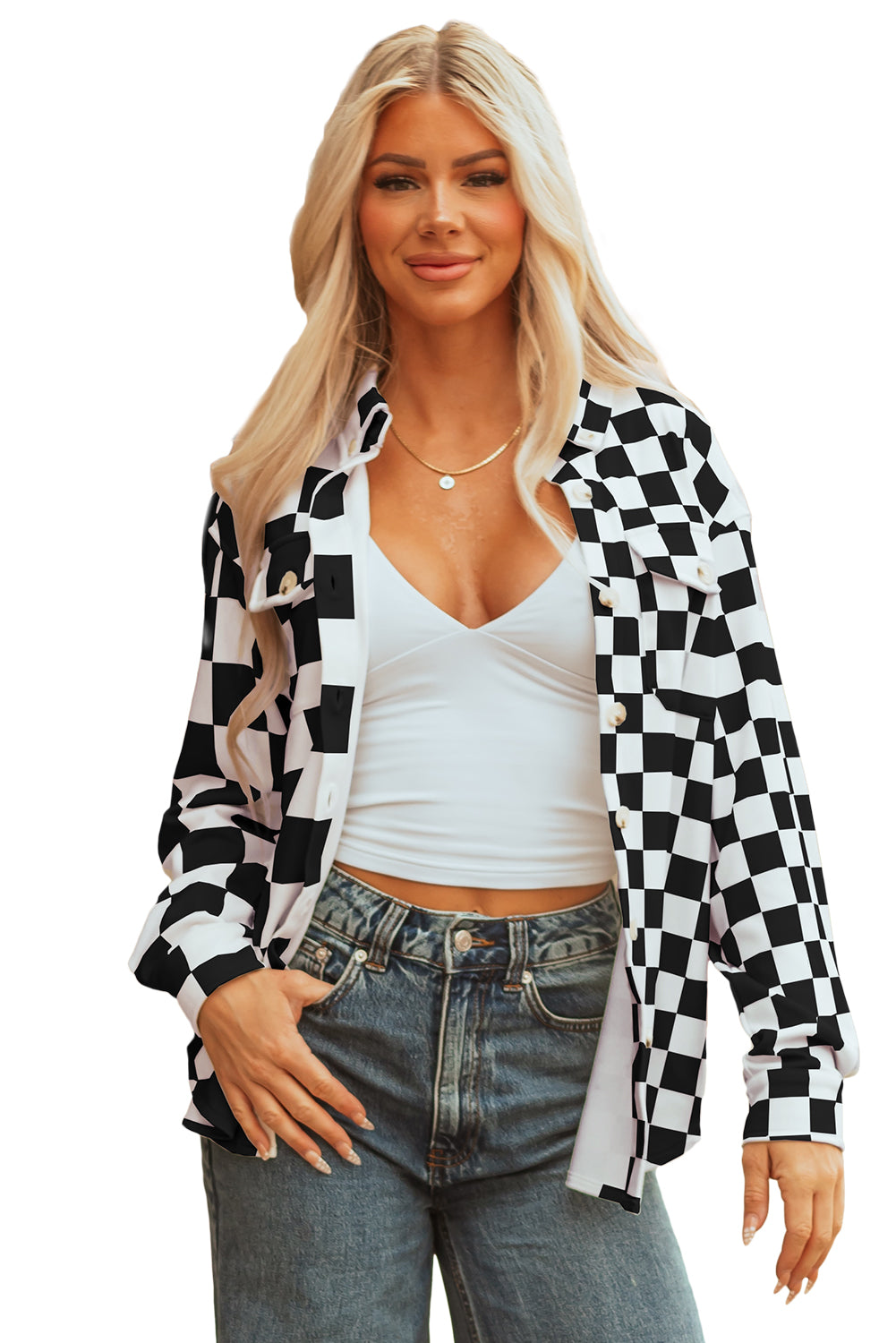 Checkerboard Flap Pocket Button Front Shacket