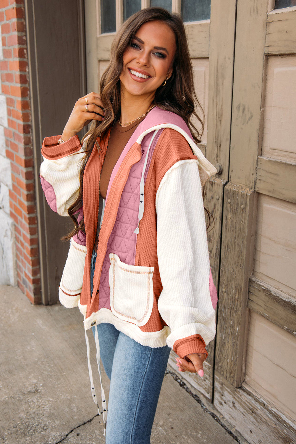 Quilted Textured Patchwork Hooded Jacket