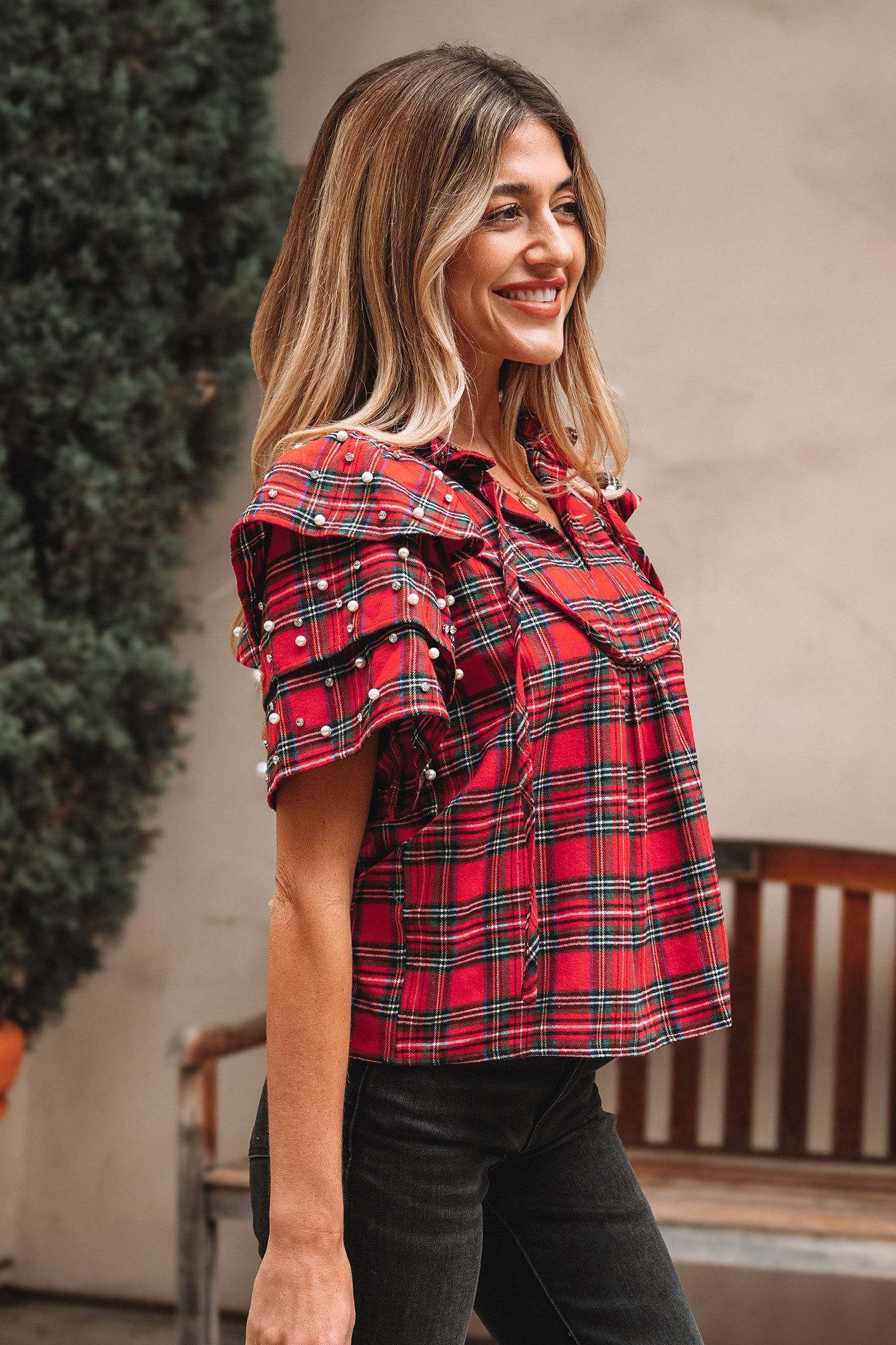 Festive Plaid Pearl Embellished Blouse