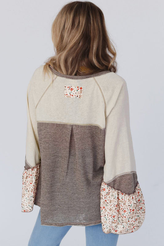 Colorblock Floral Patchwork Flared Sleeve Top