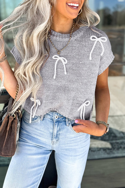 Light Grey Bowknot Cap Sleeve Sweater