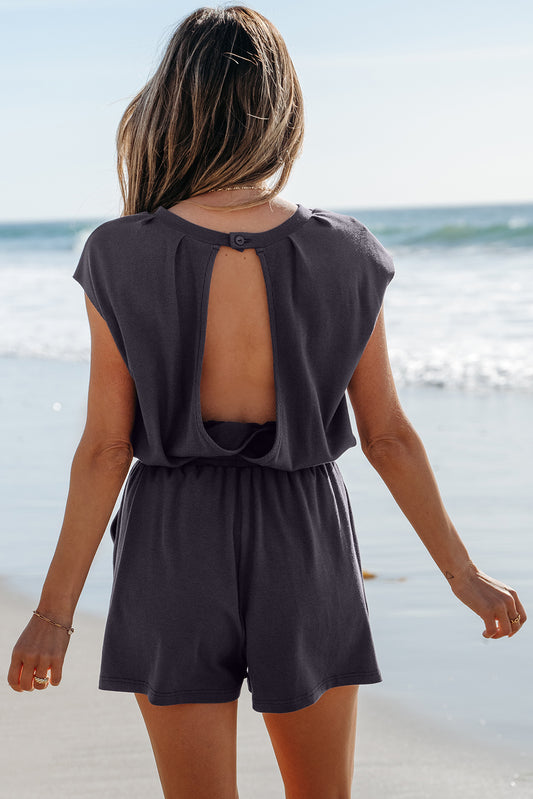 Black Knit Open Back Cap Sleeve Drawstring Romper