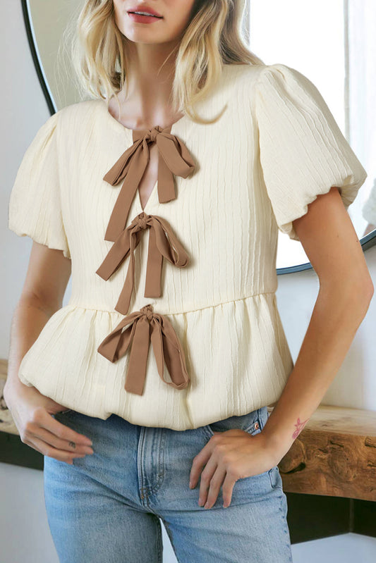 White Textured Bow Bubble Hem Puff Short Sleeve Blouse