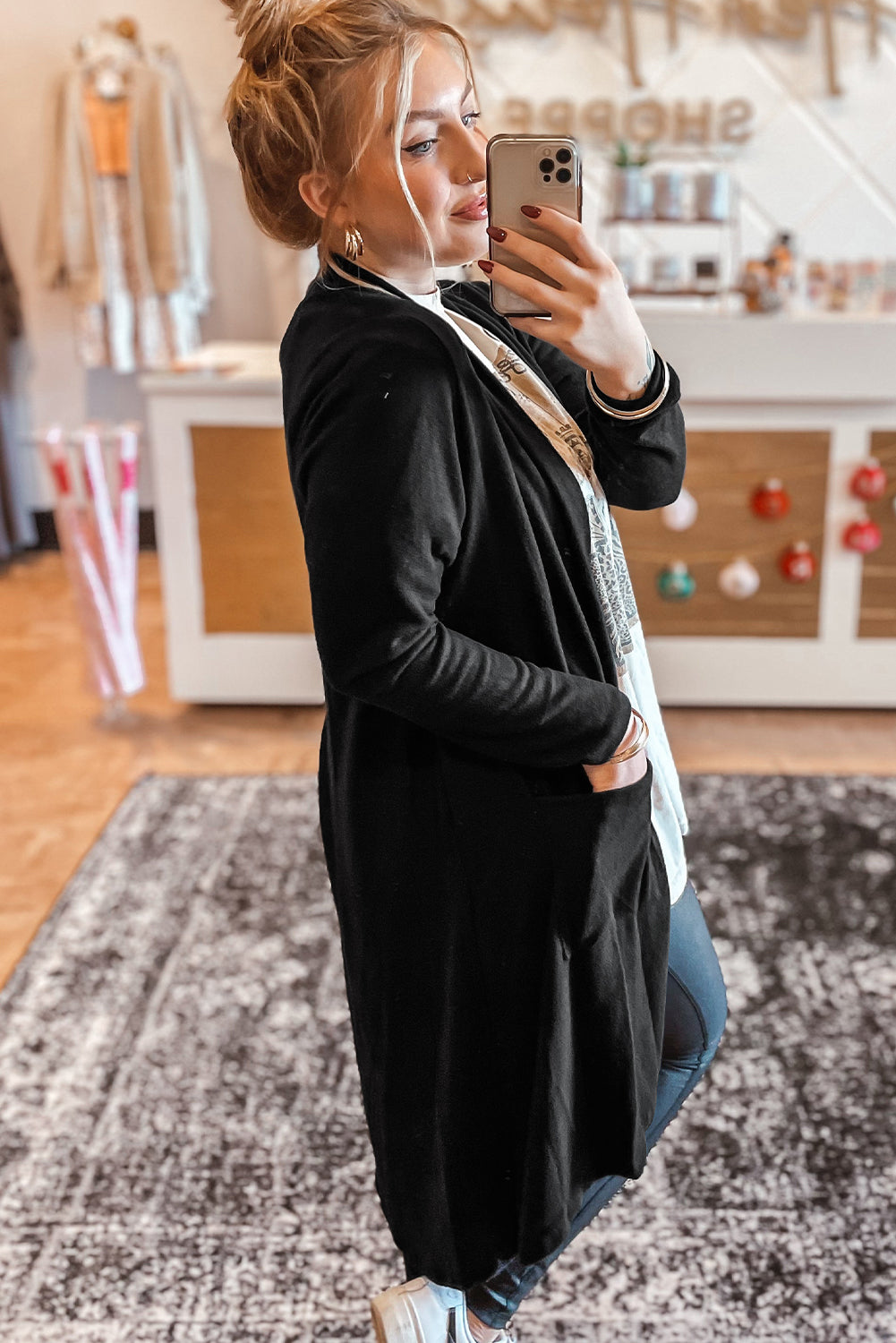 Black Solid Color Open Front Cardigan with Pockets