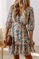 Sky Blue Floral V Neck High Waist Ruffled Dress