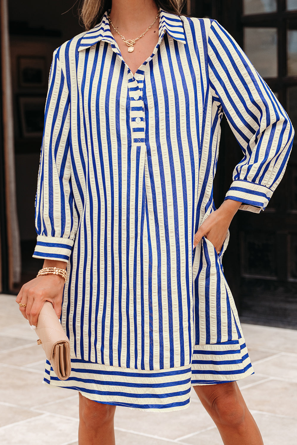 Blue Stripe Half Button Mini Dress