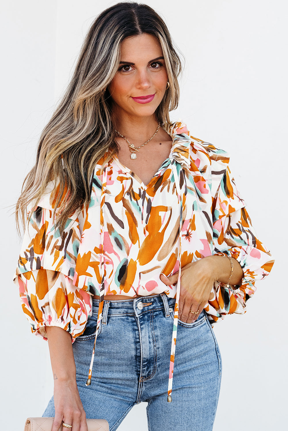 Yellow Abstract Print Drawstring Frilled V Neck Blouse