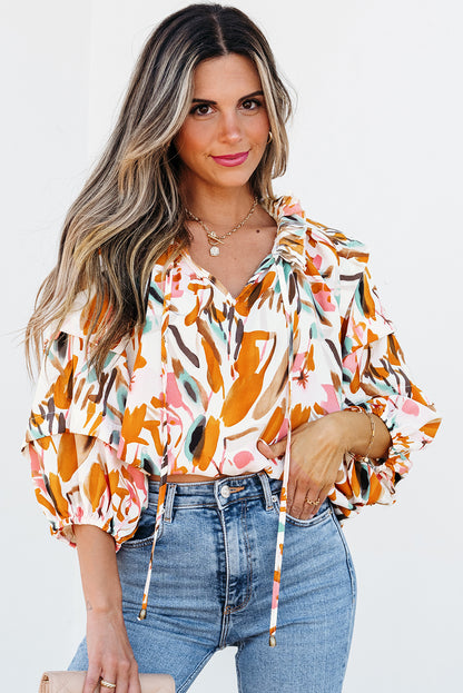 Yellow Abstract Print Drawstring Frilled V Neck Blouse
