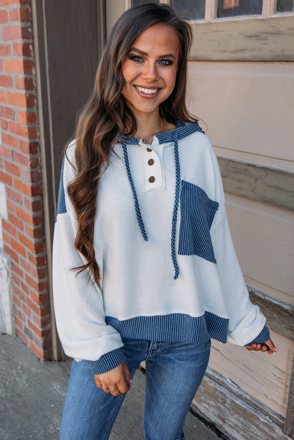 White Corded Colorblock Drawstring Hooded Top