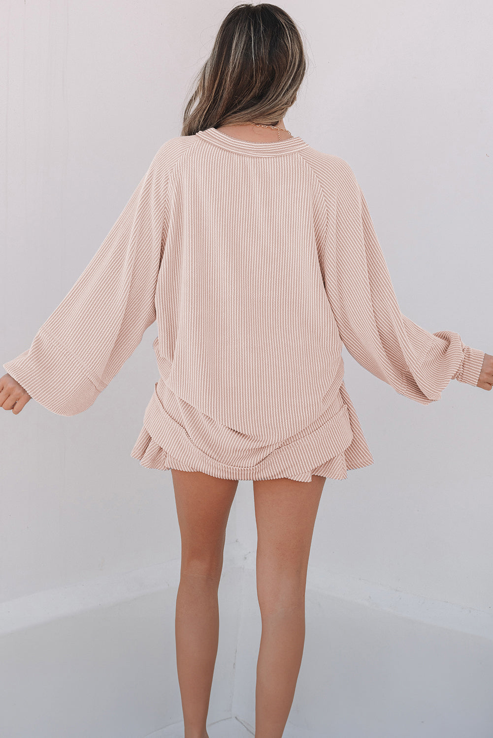 Corded Lantern Sleeve Top High Waist Ruffled Mini Skirt Set