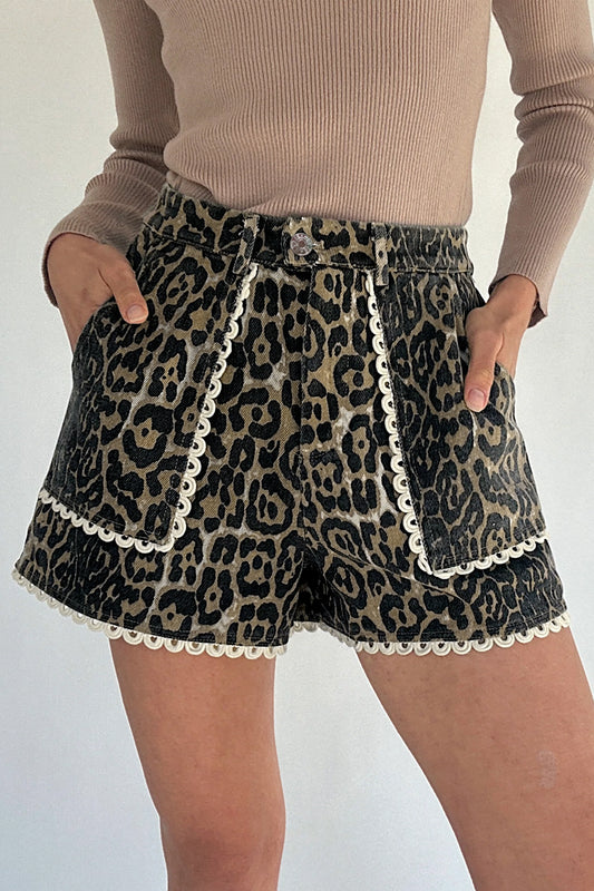 Lace Trim Leopard Denim Shorts