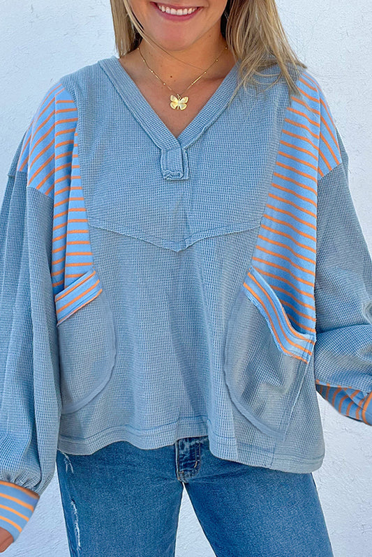 Dusk Blue Waffle Striped Patchwork Pullover