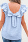 Blue Textured Bow Knot Frilled Butterfly Sleeve Blouse