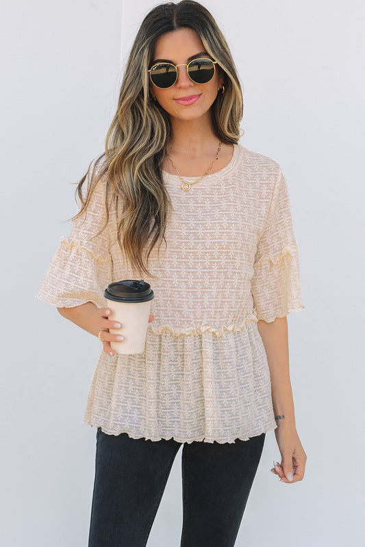 Solid Color Textured Ruffled Short Sleeve Blouse