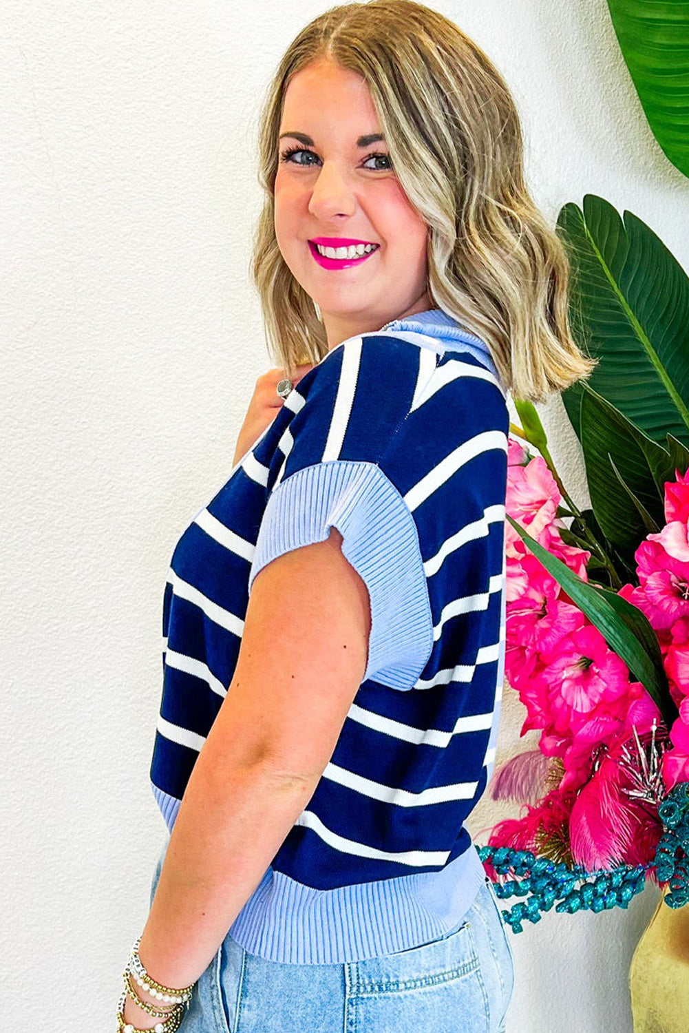 Sky Blue Stripe Colorblock Sweater Vest