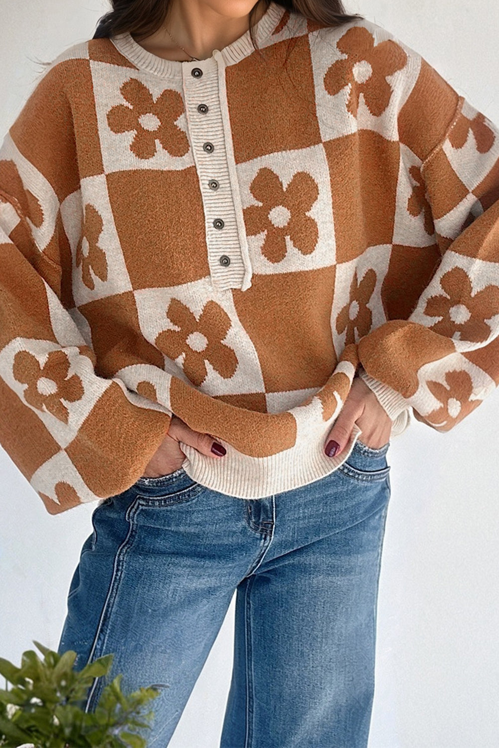 Flower Plaid Henley Sweater