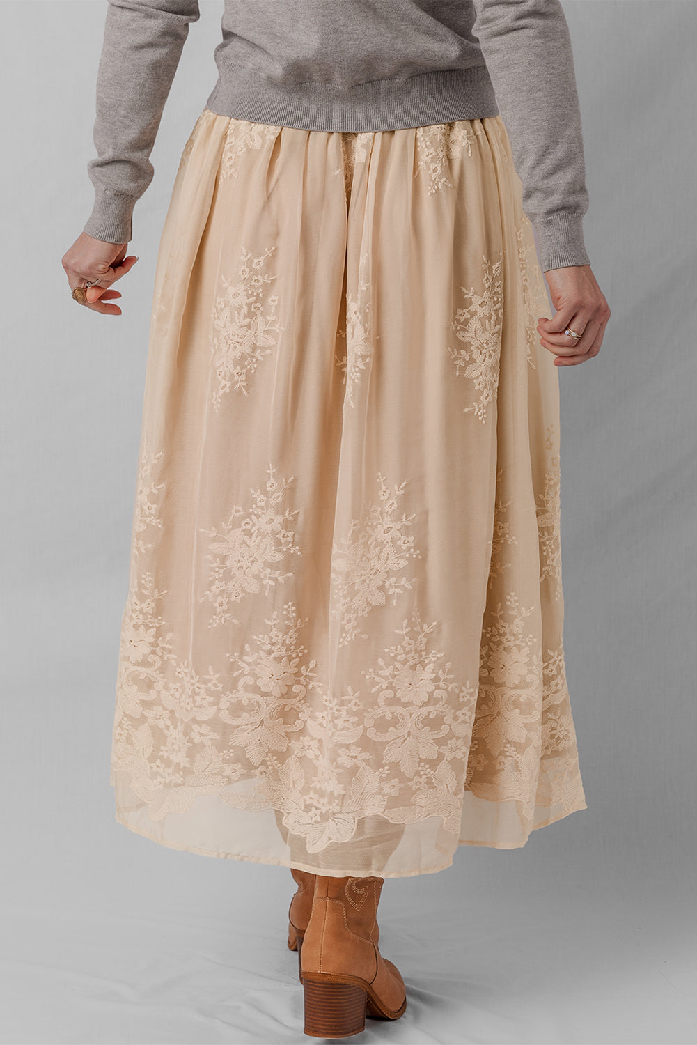 Oatmeal Embroidered Mesh Flowy Long Skirt