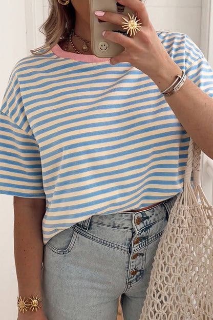 Sky Blue Stripe Contrast Crew Neck Drop Shoulder Loose Tee