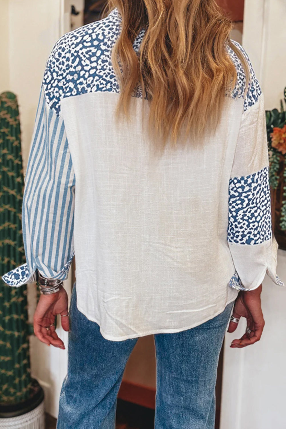 Blue Leopard Striped Button Up Shirt