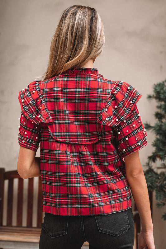 Festive Plaid Pearl Embellished Blouse