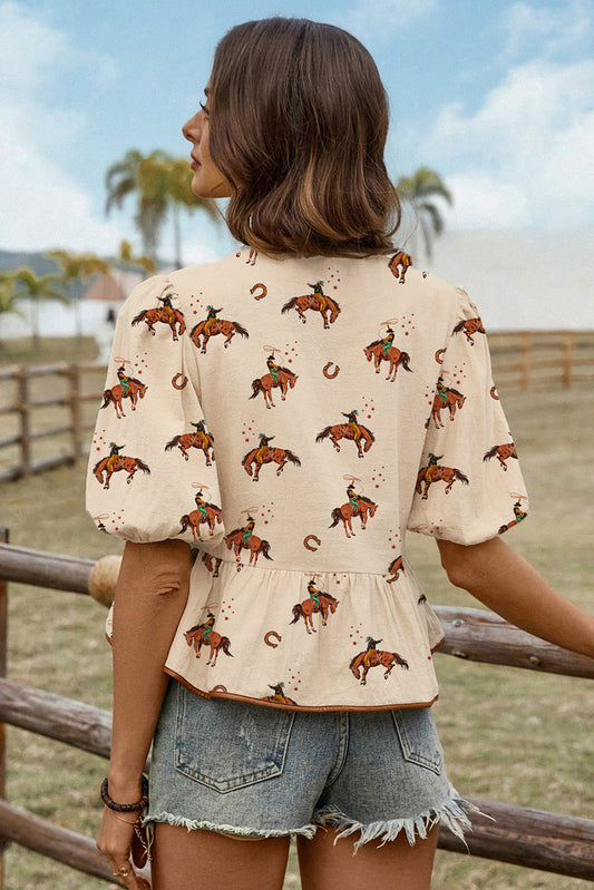Cowboy Print Puff Sleeve Bowknot Blouse