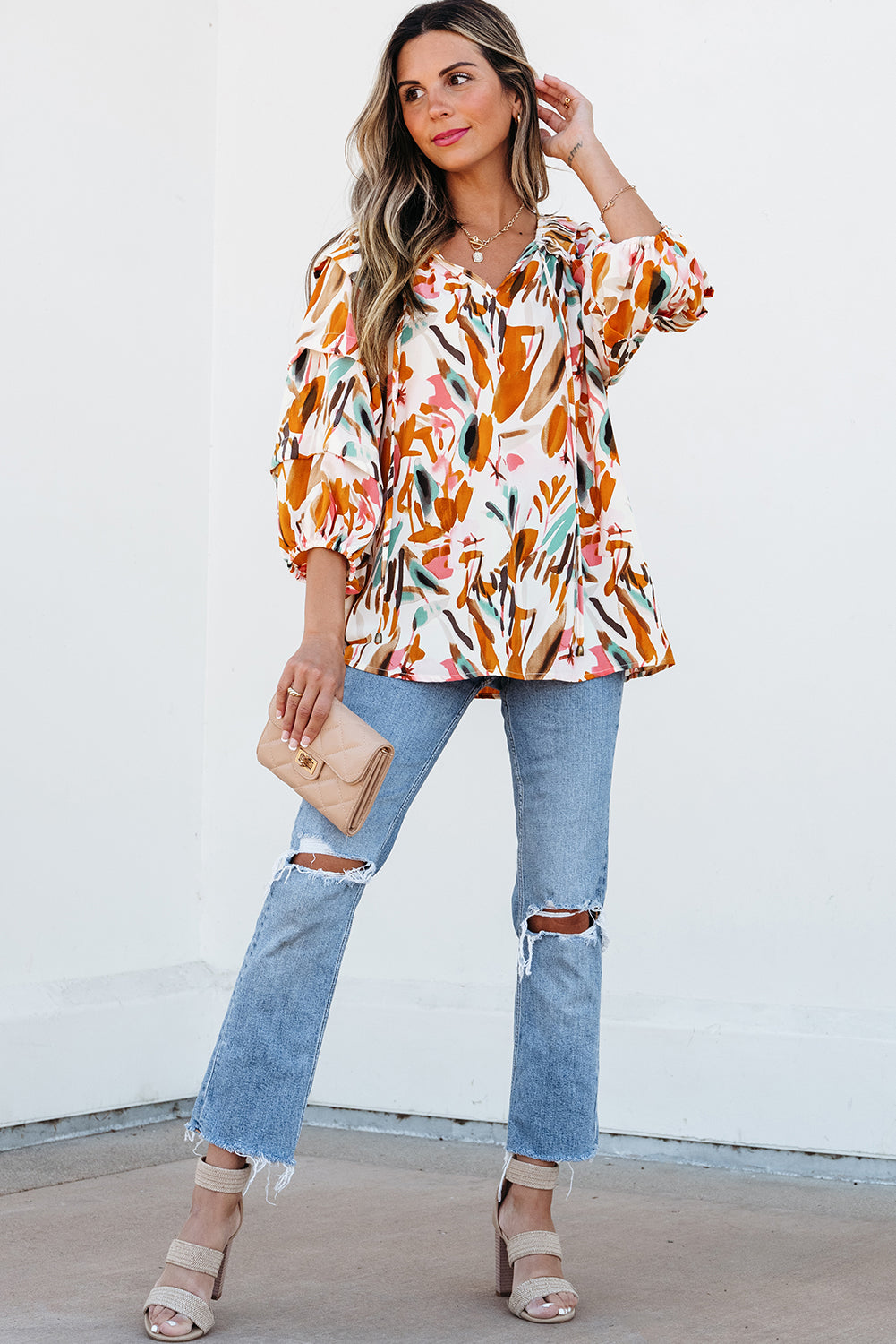Yellow Abstract Print Drawstring Frilled V Neck Blouse