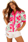 Rose Floral Frilled V Neck Short Sleeve Blouse
