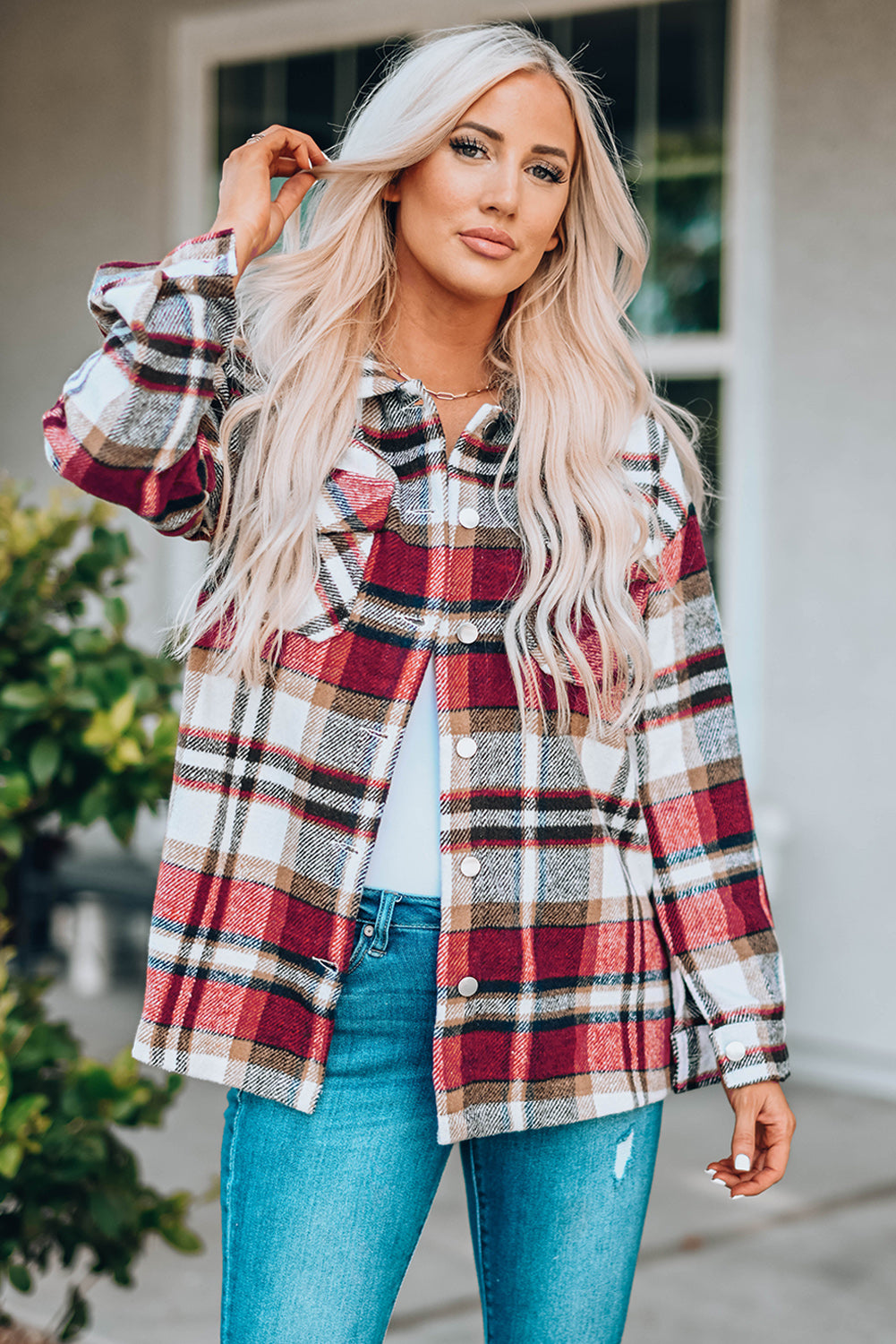Plaid Print Pocketed Shacket