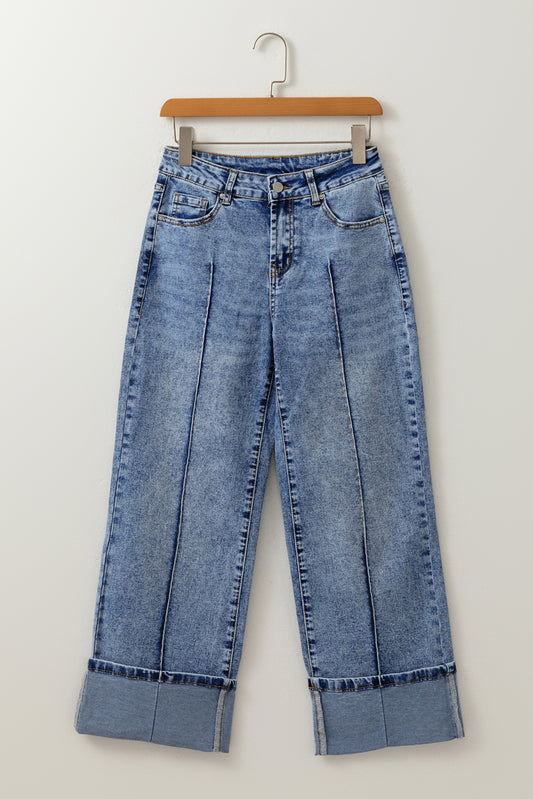 Center Seam Cuffed Straight High Waist Jeans