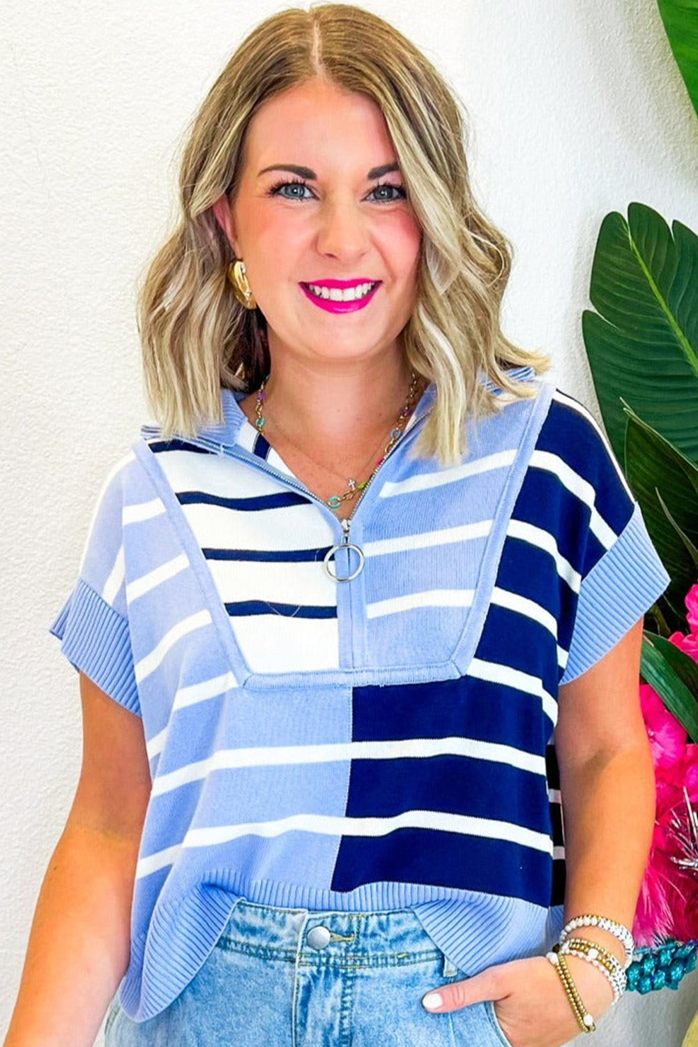 Sky Blue Stripe Colorblock Sweater Vest