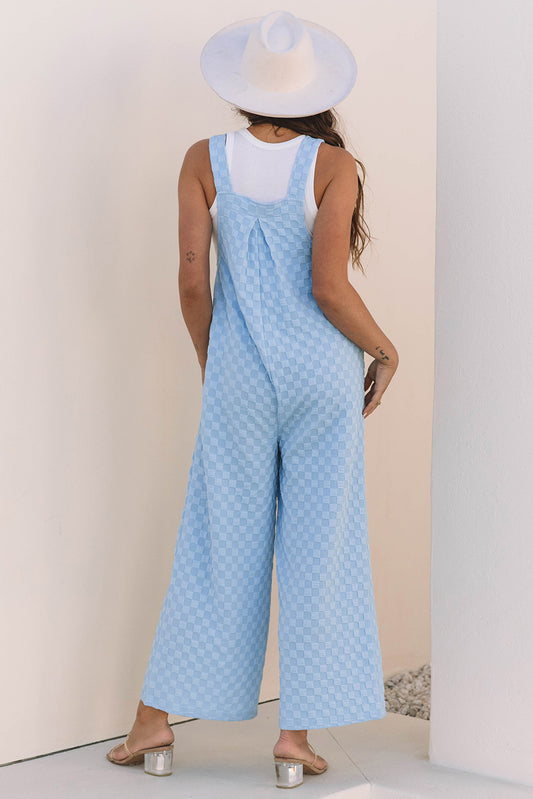 Blue Checkered Pocketed High Waist Wide Leg Overall