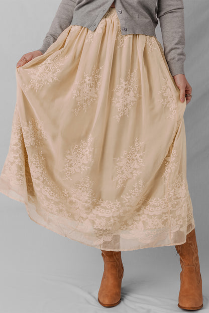 Oatmeal Embroidered Mesh Flowy Long Skirt