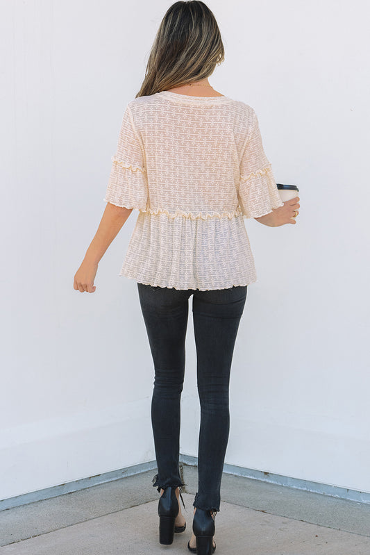 Solid Color Textured Ruffled Short Sleeve Blouse