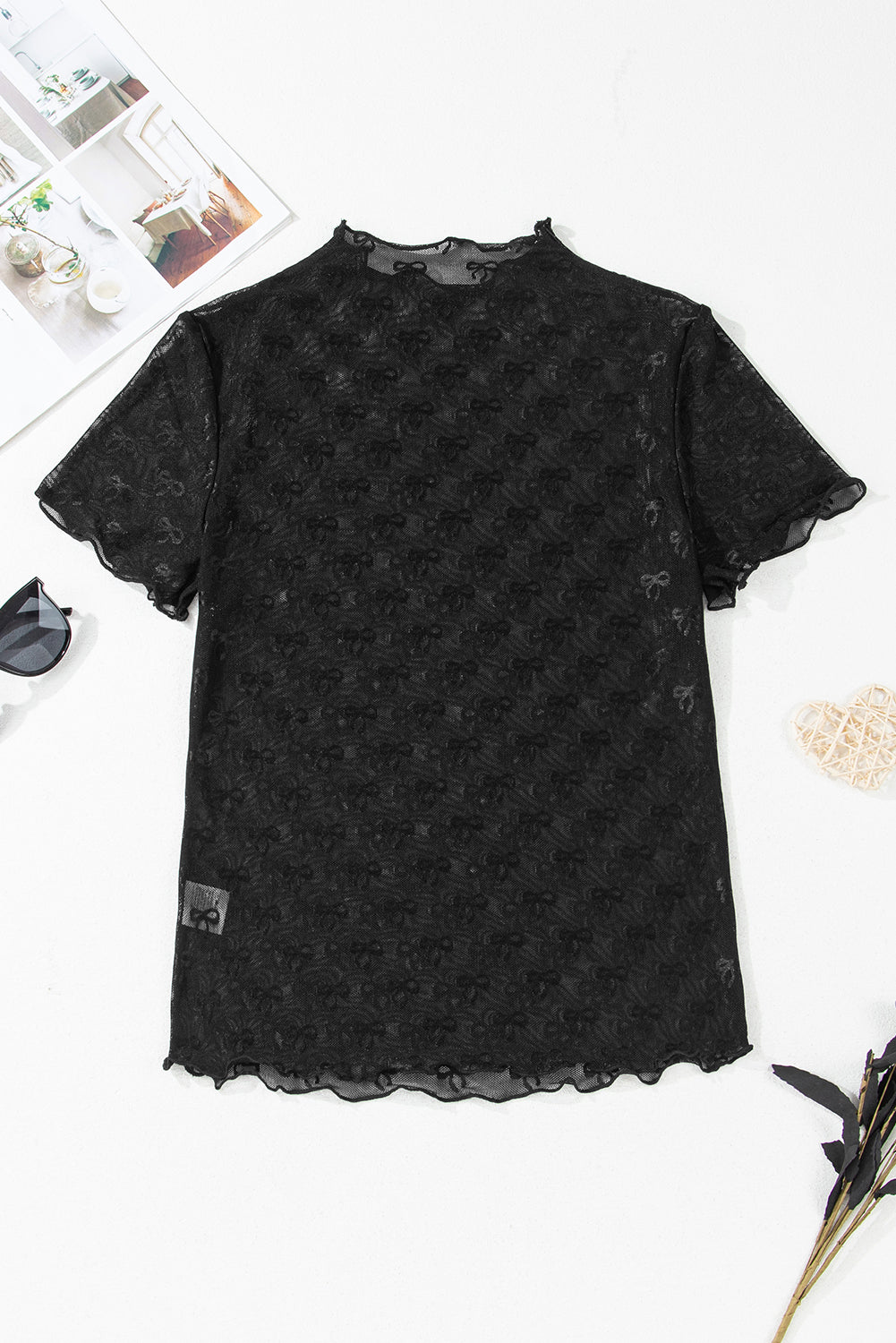 Bow Sheer Mesh Mock Neck Short Sleeve Top