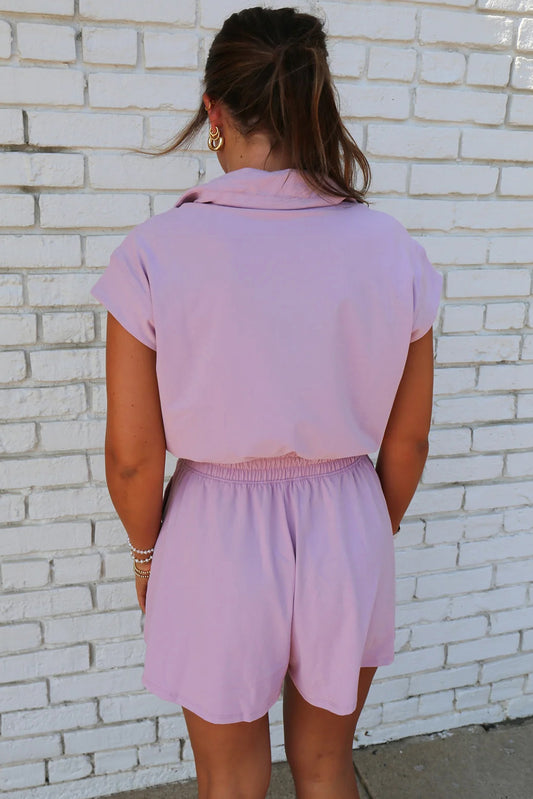 Short Sleeve Zipper Collared High Waist Romper