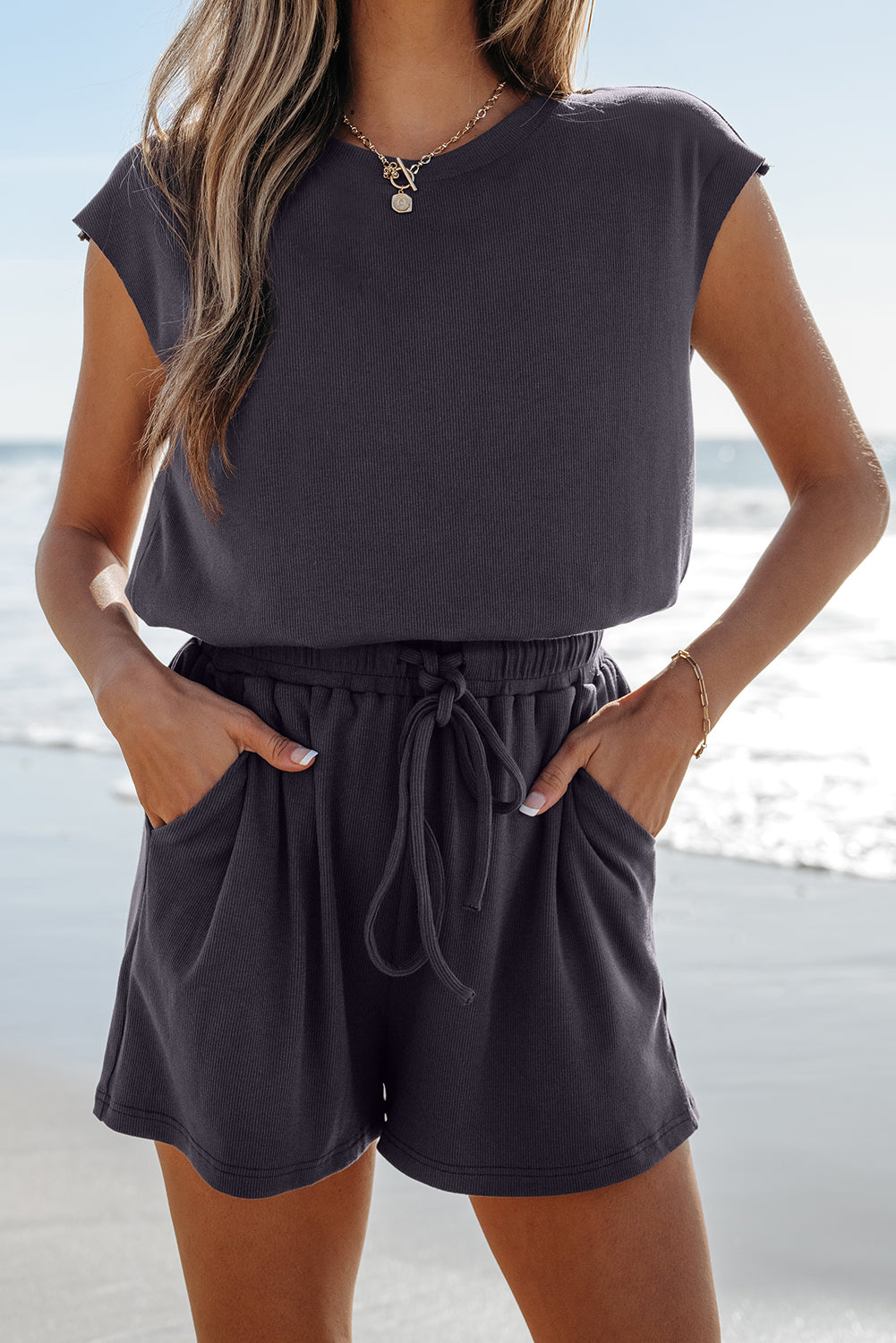 Black Knit Open Back Cap Sleeve Drawstring Romper
