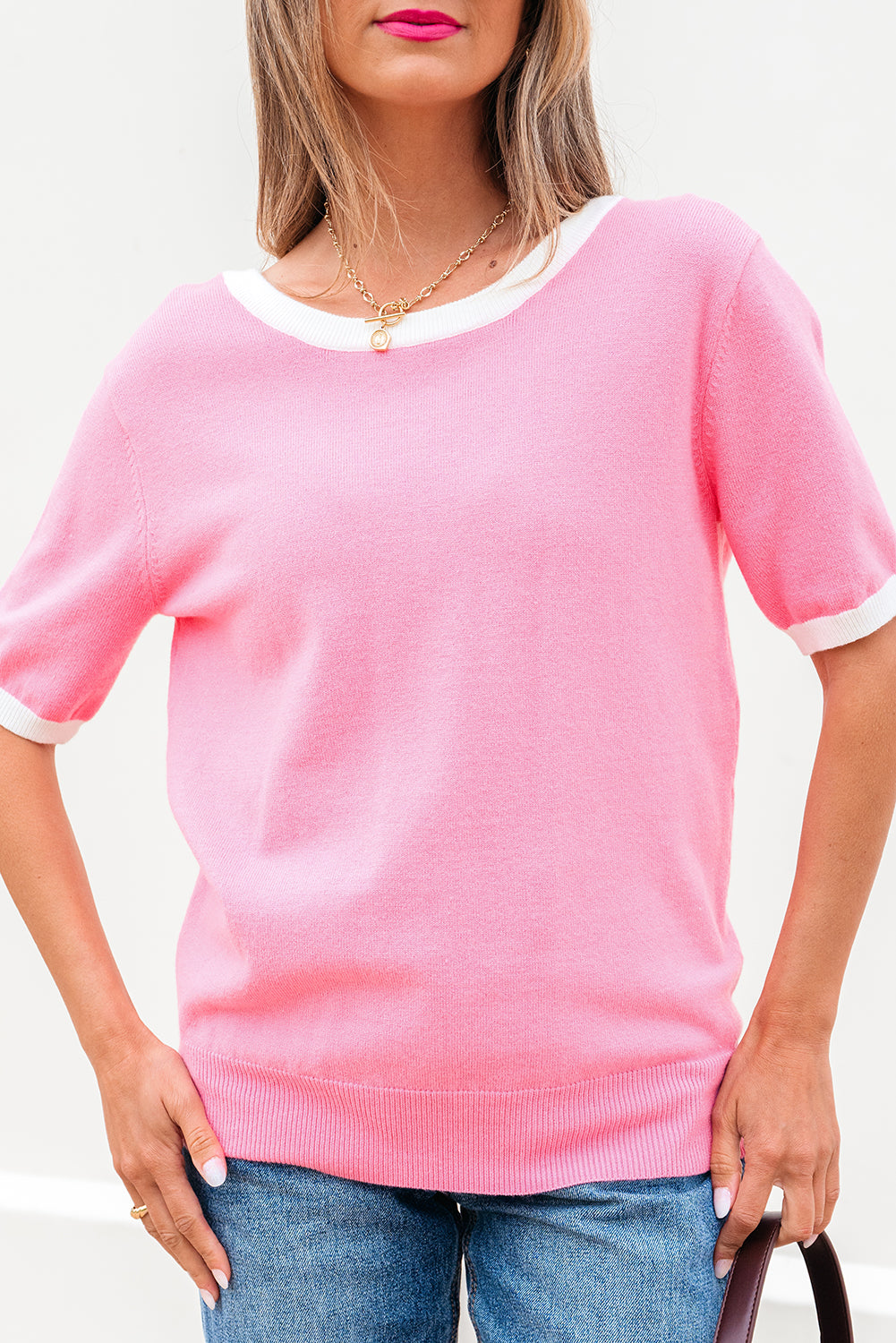 Colorblock Bow V-Shape Cut Short Sleeve Sweater