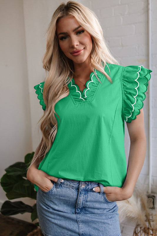 Green Scallop Trim V Neck Blouse