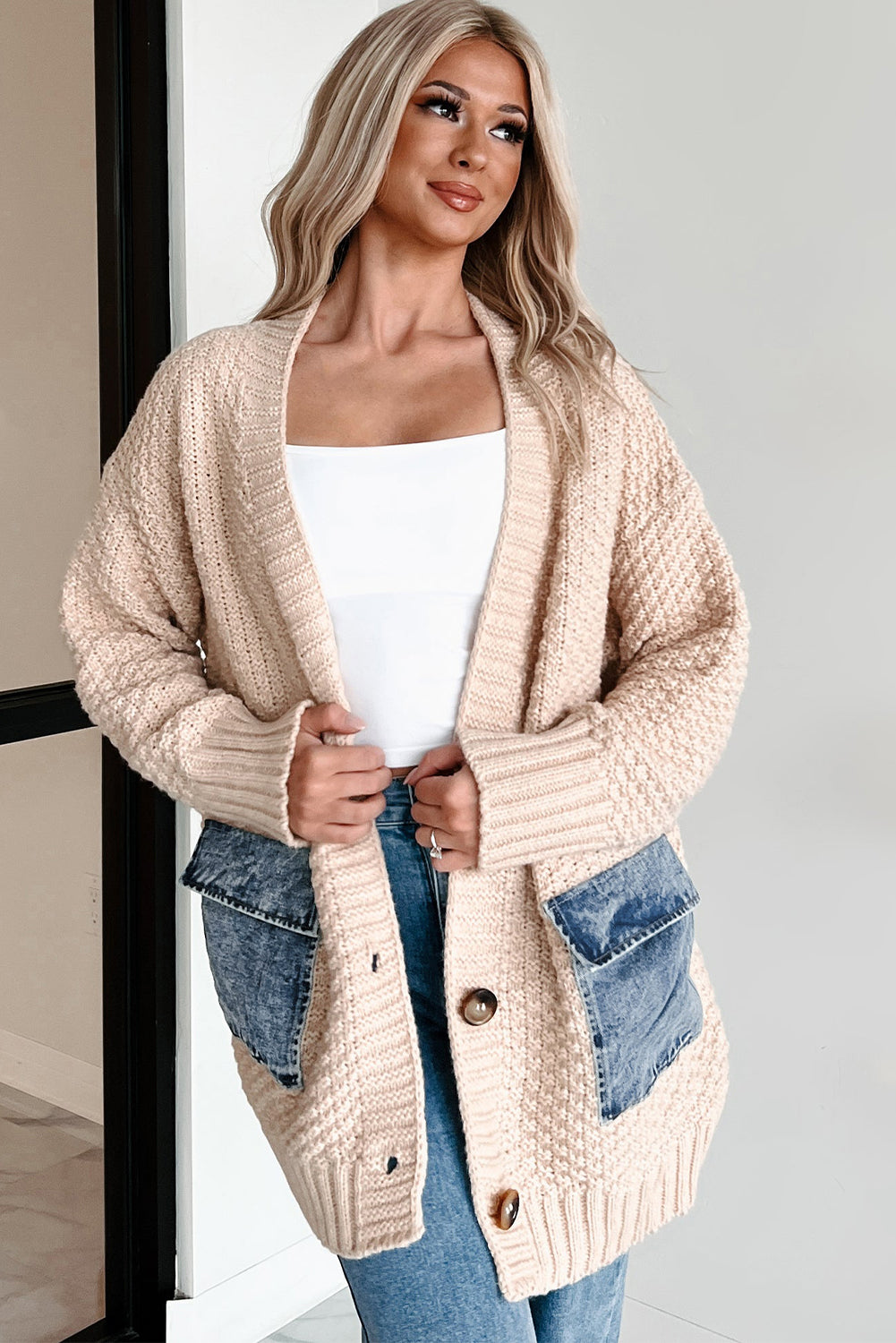 Denim Patchwork Knit Cardigan