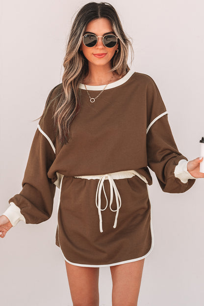 Coffee Loose Pullover and Lace-up Waist Skort Set