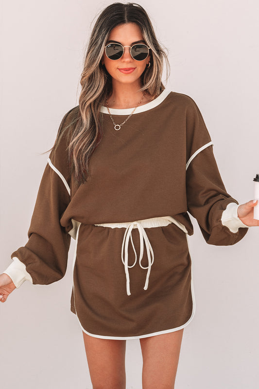 Coffee Loose Pullover and Lace-up Waist Skort Set