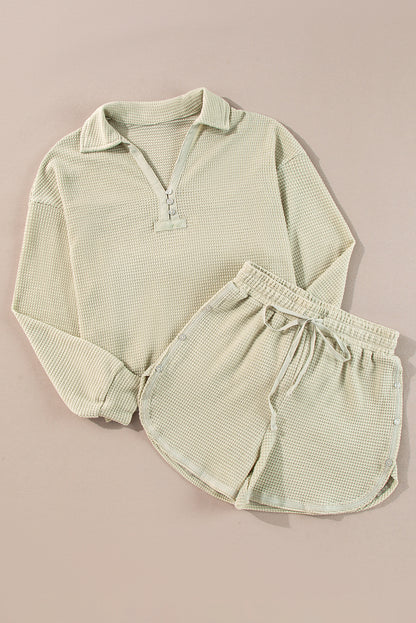Textured Buttoned Long Sleeve Top & Shorts Set