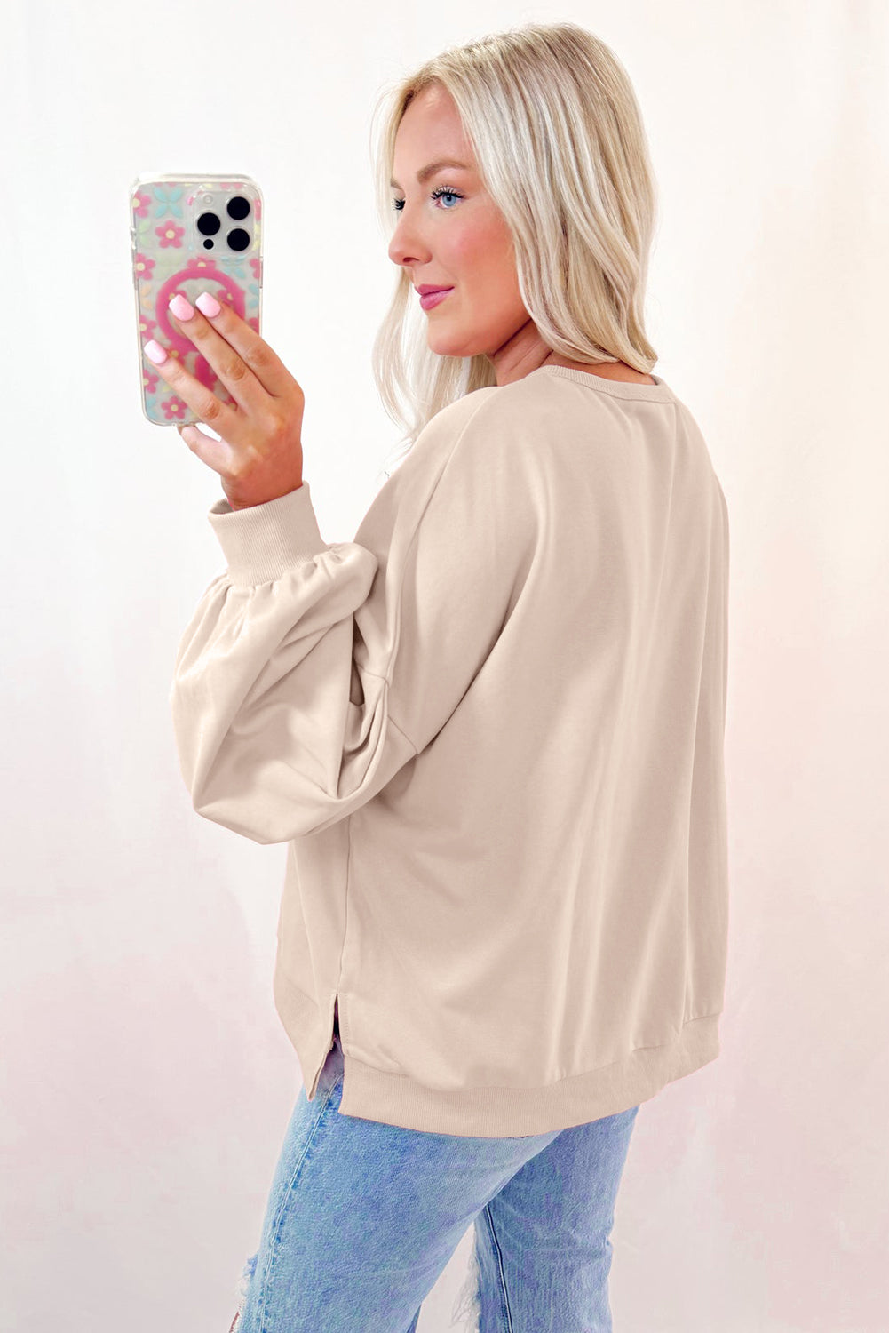 Embroidered Bow Lantern Sleeve Oversized Pullover