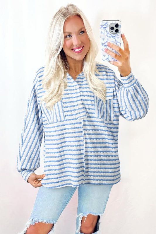 Blue Striped Half Button Sweater