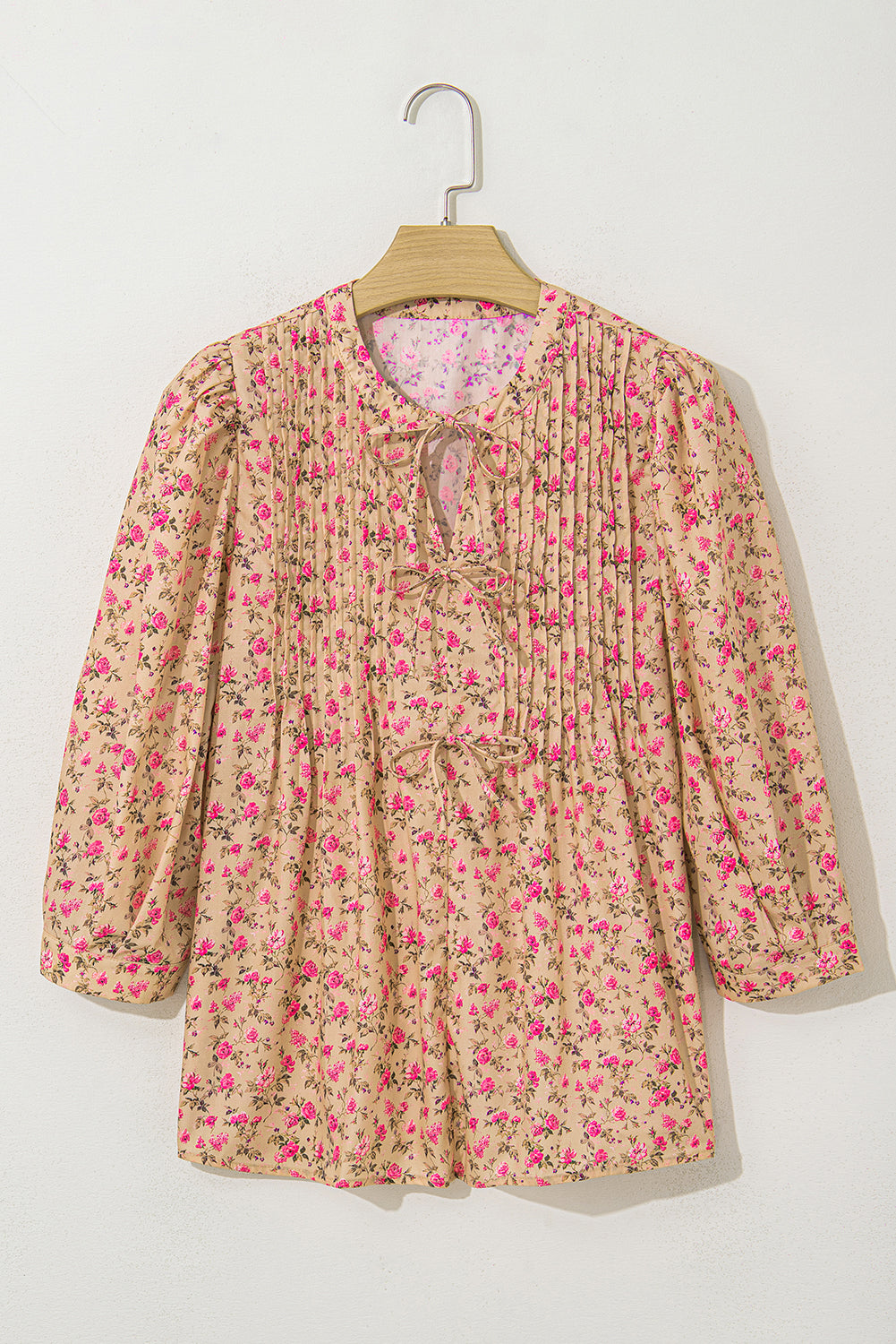Floral Print Bow Pintuck Bust Half Puff Sleeve Blouse