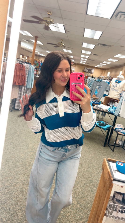 Blue Stripe Colorblock Crochet Knitted Sweater